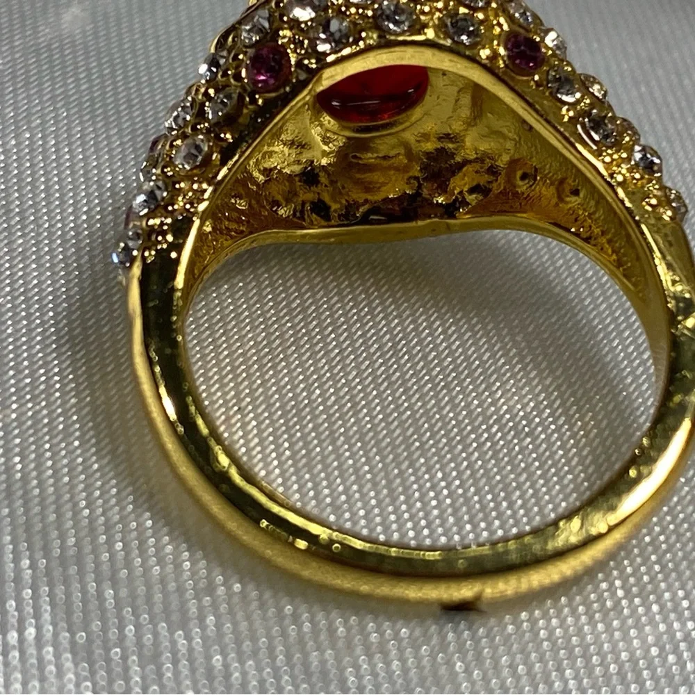 Gold Style Ring with Red Gemstone and Crystal Accents, costume jewelry